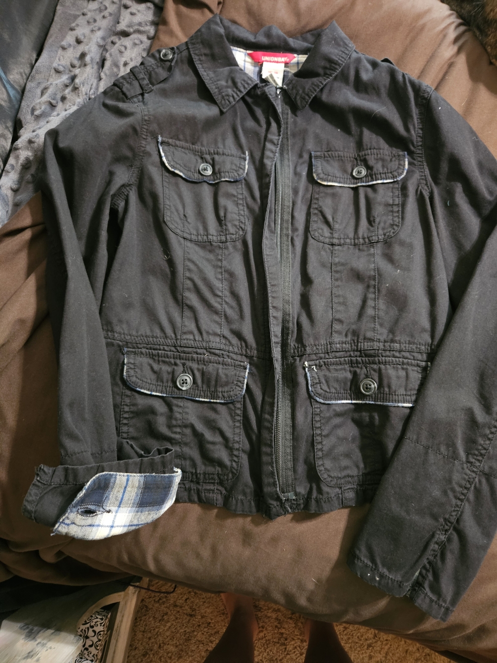 Vintage UNIONBAY Black Utility Jacket with Plaid Trim